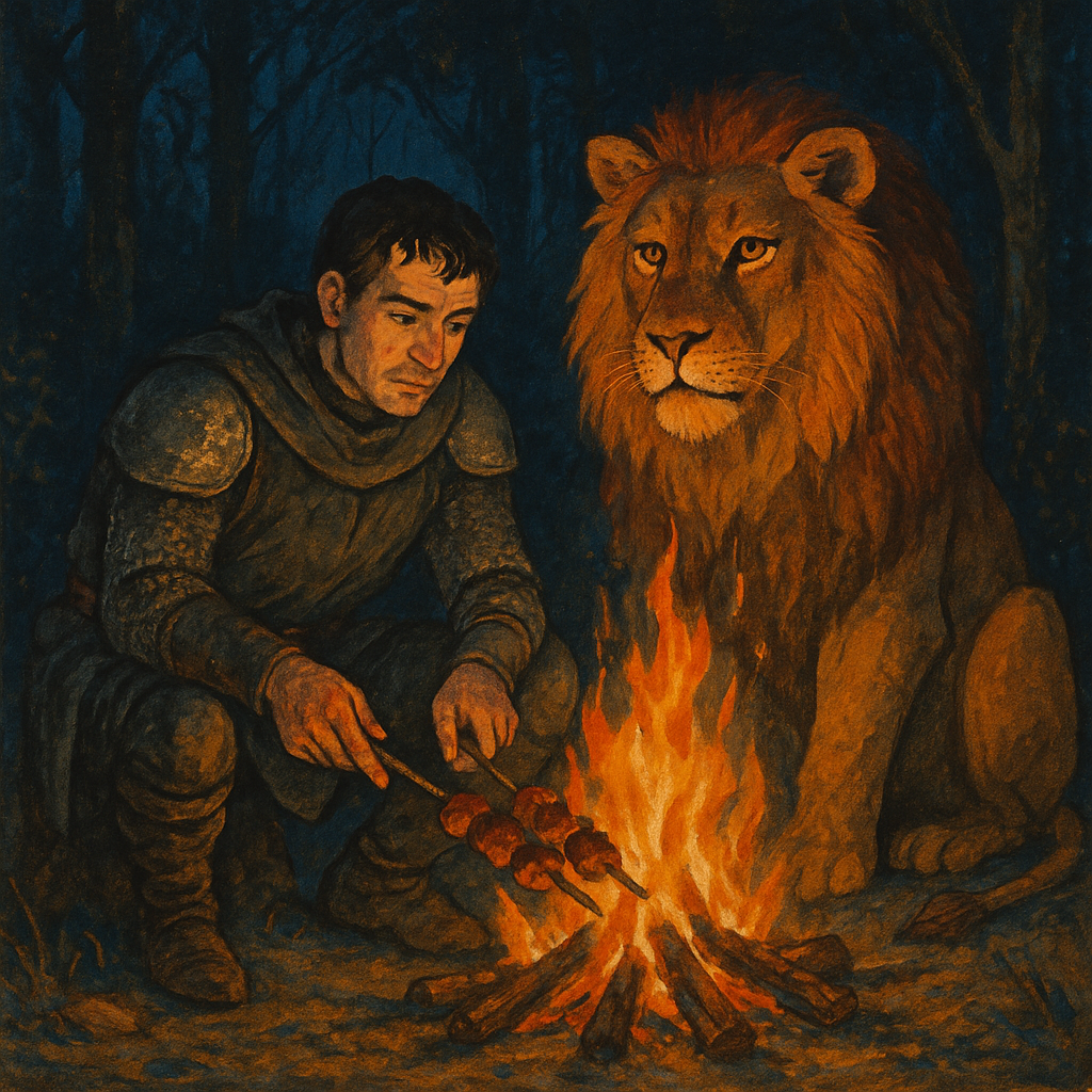 A knight and a lion share a campfire in the forest, an illustration from The Adventure Of The Lion.