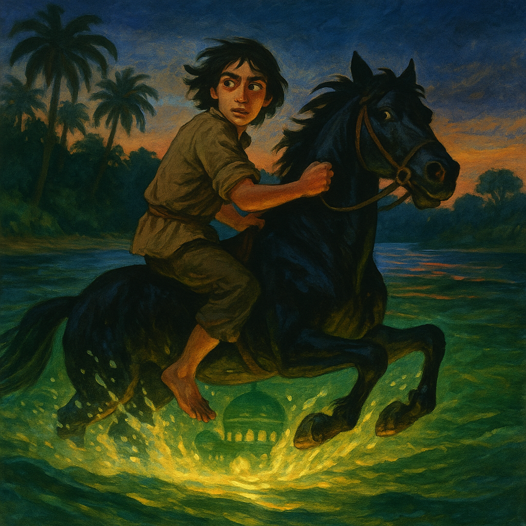 A teenage boy with dark eyes rides a black horse out of a glowing river, escaping the river giant's palace in The Adventures Of A Fisherman's Son.