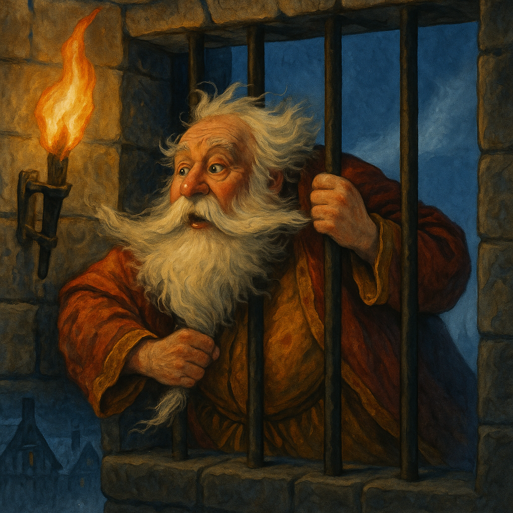 Old Father Christmas escaping through prison bars, losing his white beard, in The Arraignment of Christmas.