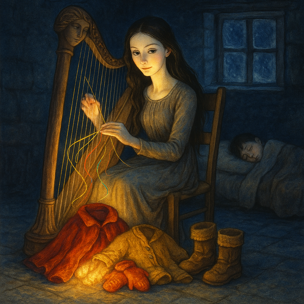 A glowing mother weaves magical garments on a harp by night in The Ballad of the Harp-Weaver.
