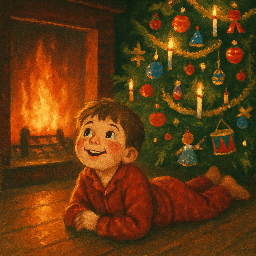 A young boy lies by the firelight gazing dreamily at a decorated Christmas tree, in The Best Tree.