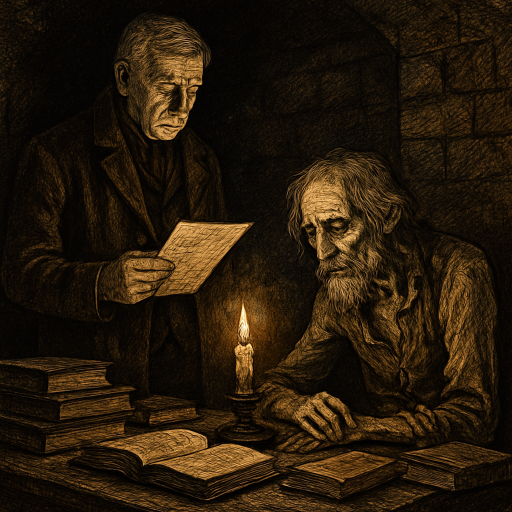 The old banker reads the prisoner's letter by candlelight in the garden wing, in Chekhov's The Bet.