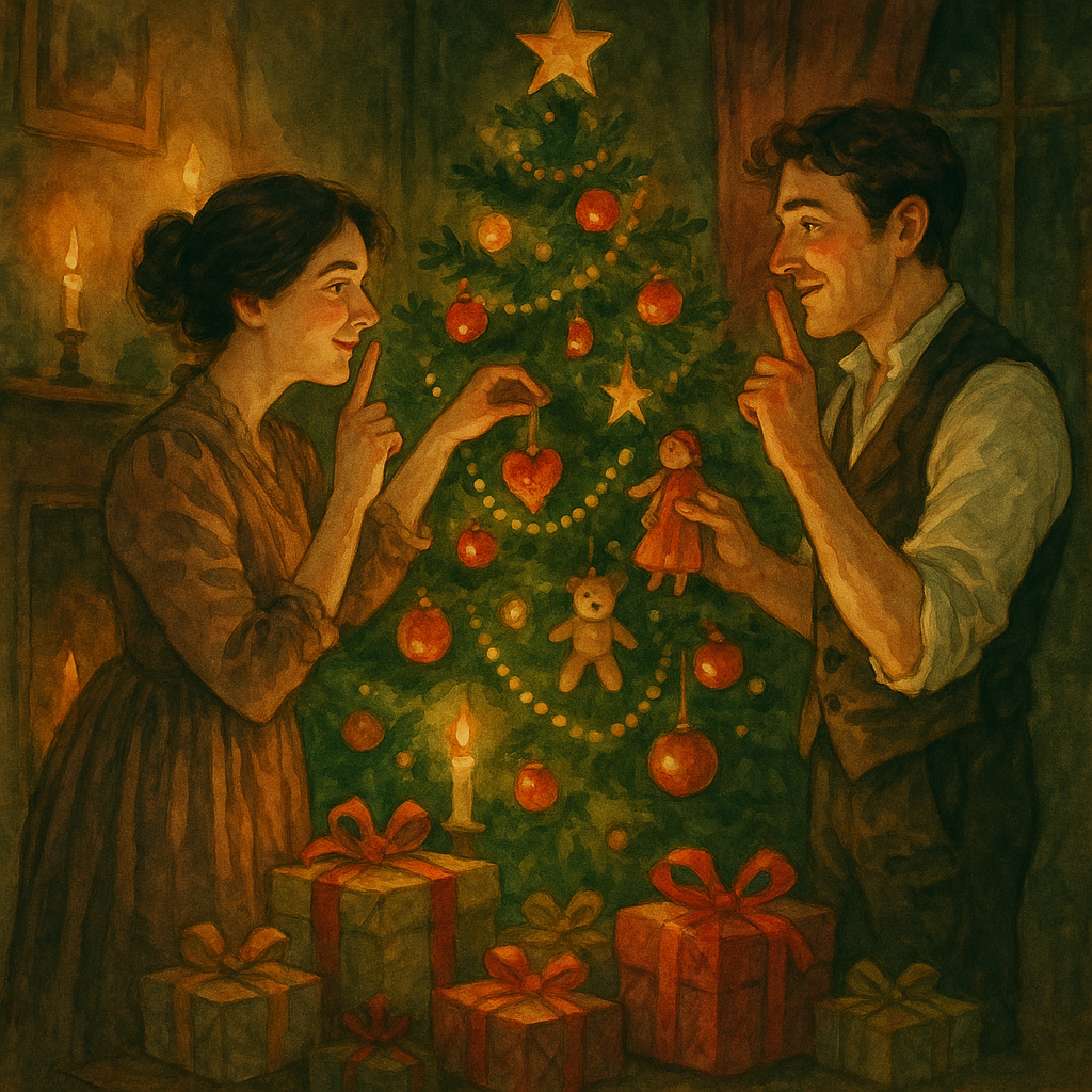 Adults secretly decorating a glowing Christmas tree at night, an illustration for The Bloom of the Christmas-Tree.