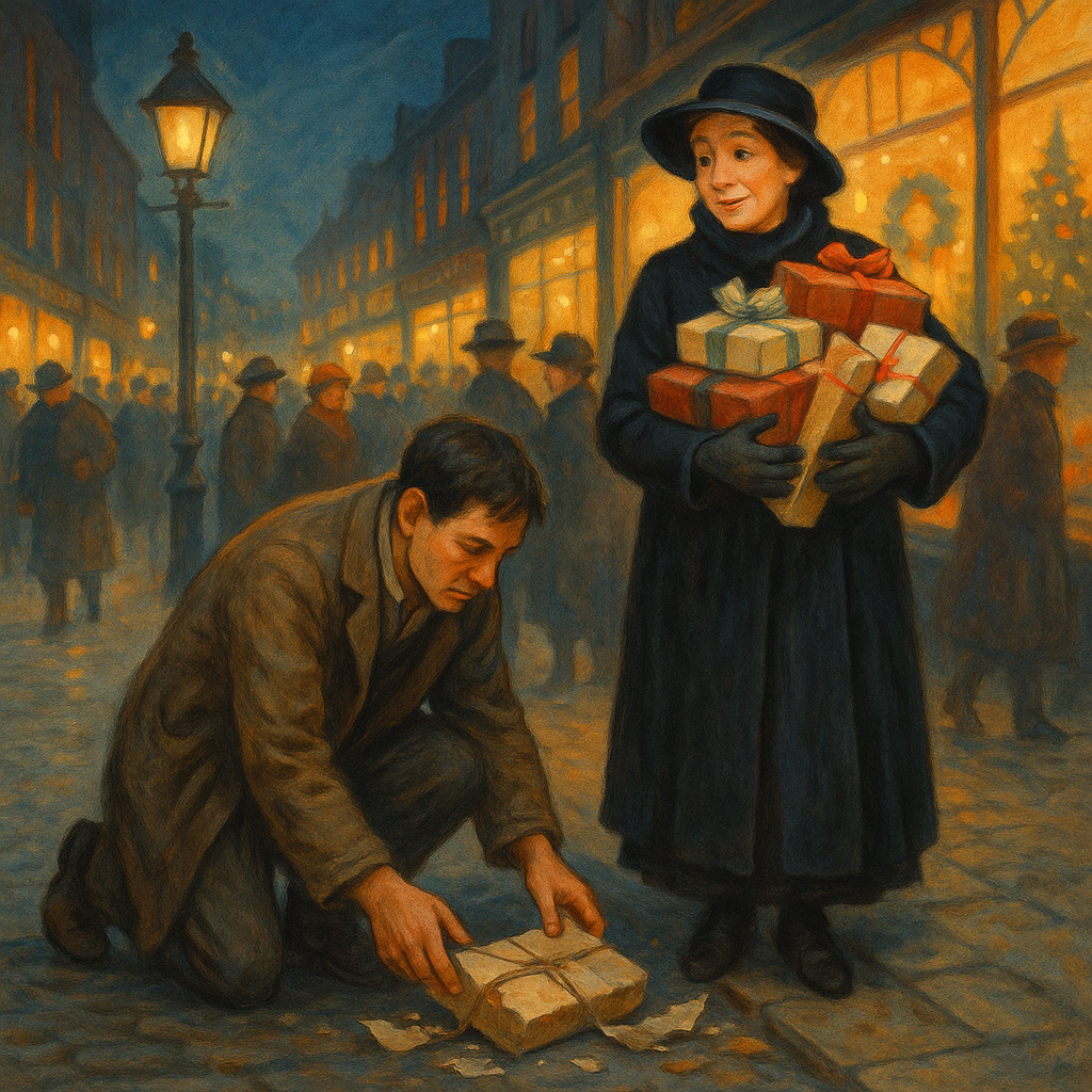 A man picks up a broken Christmas parcel for a grateful woman on a busy street, in The Broken Christmas Doll.