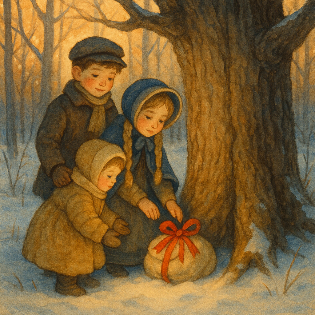 Three Victorian children leave a ribbon-tied gift bundle under a snowy oak tree in The Brownie's Xmas.