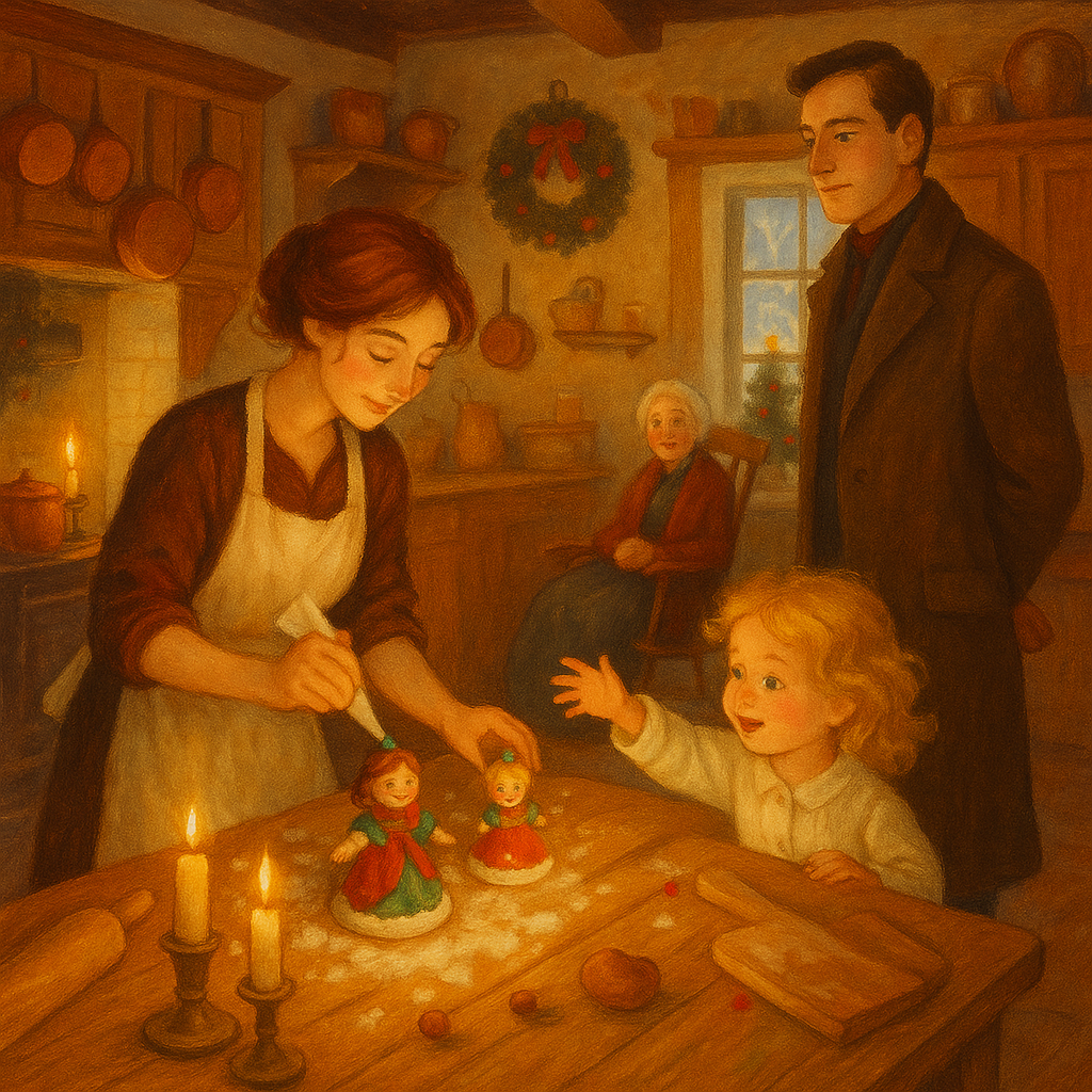 A young woman decorates Christmas cake dolls in a warm kitchen with a child and a doctor, illustrating The Cake Lady.