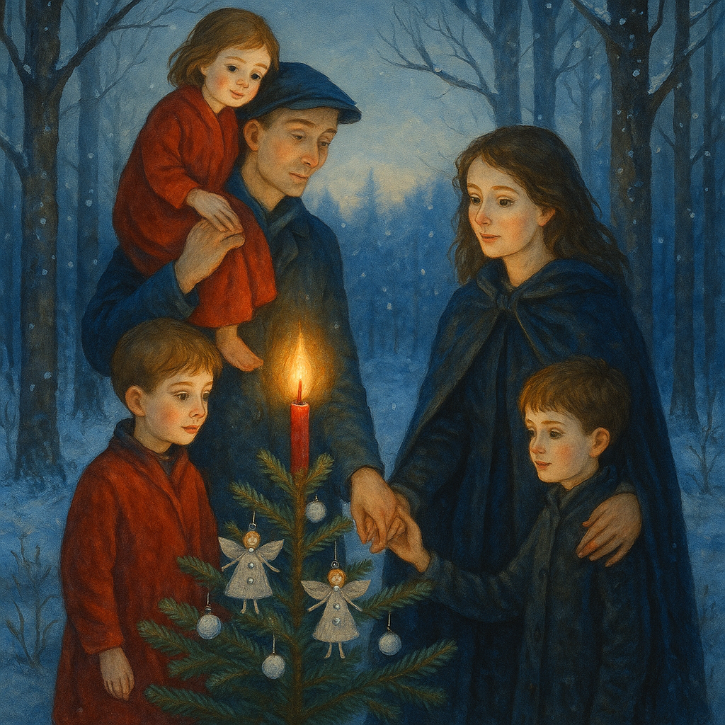A mother, father, small girl, and a boy gather around a candle-lit forest tree in The Candle In The Forest.