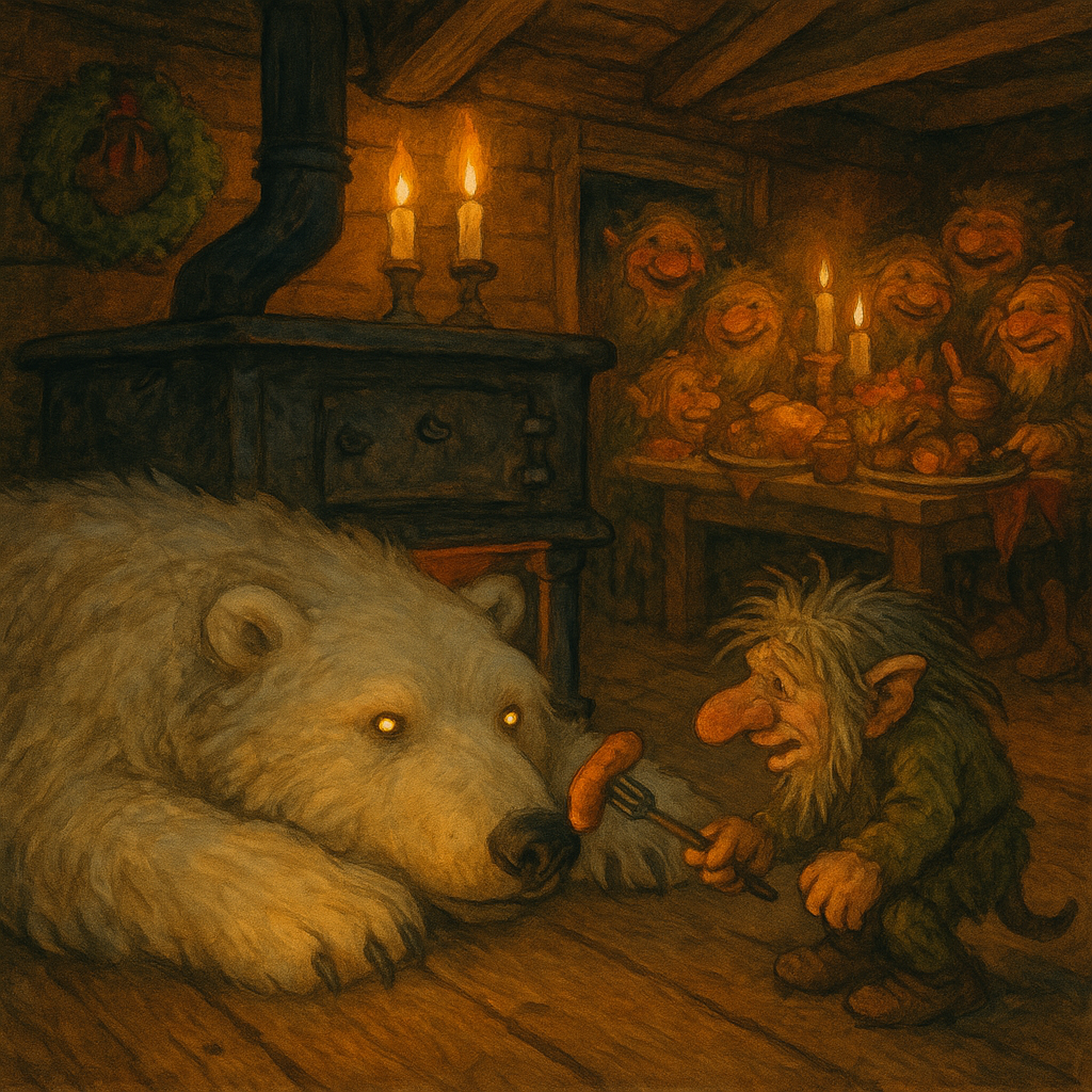 A small troll pokes a sausage at a white bear under a stove in The Cat on the Dovrefell.