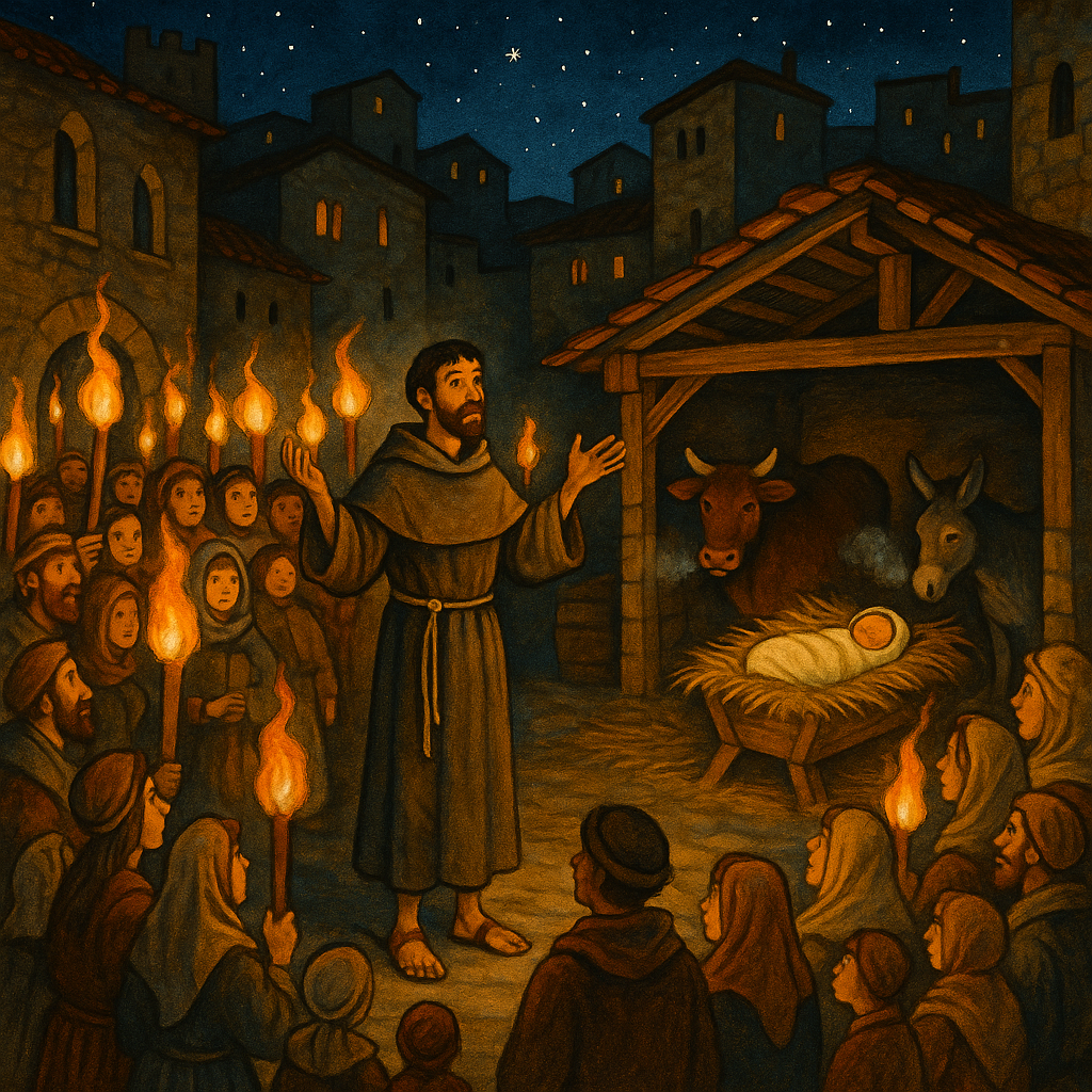 Brother Francis addresses a torchlit crowd before a manger in Greccio, in The Christmas at Greccio.