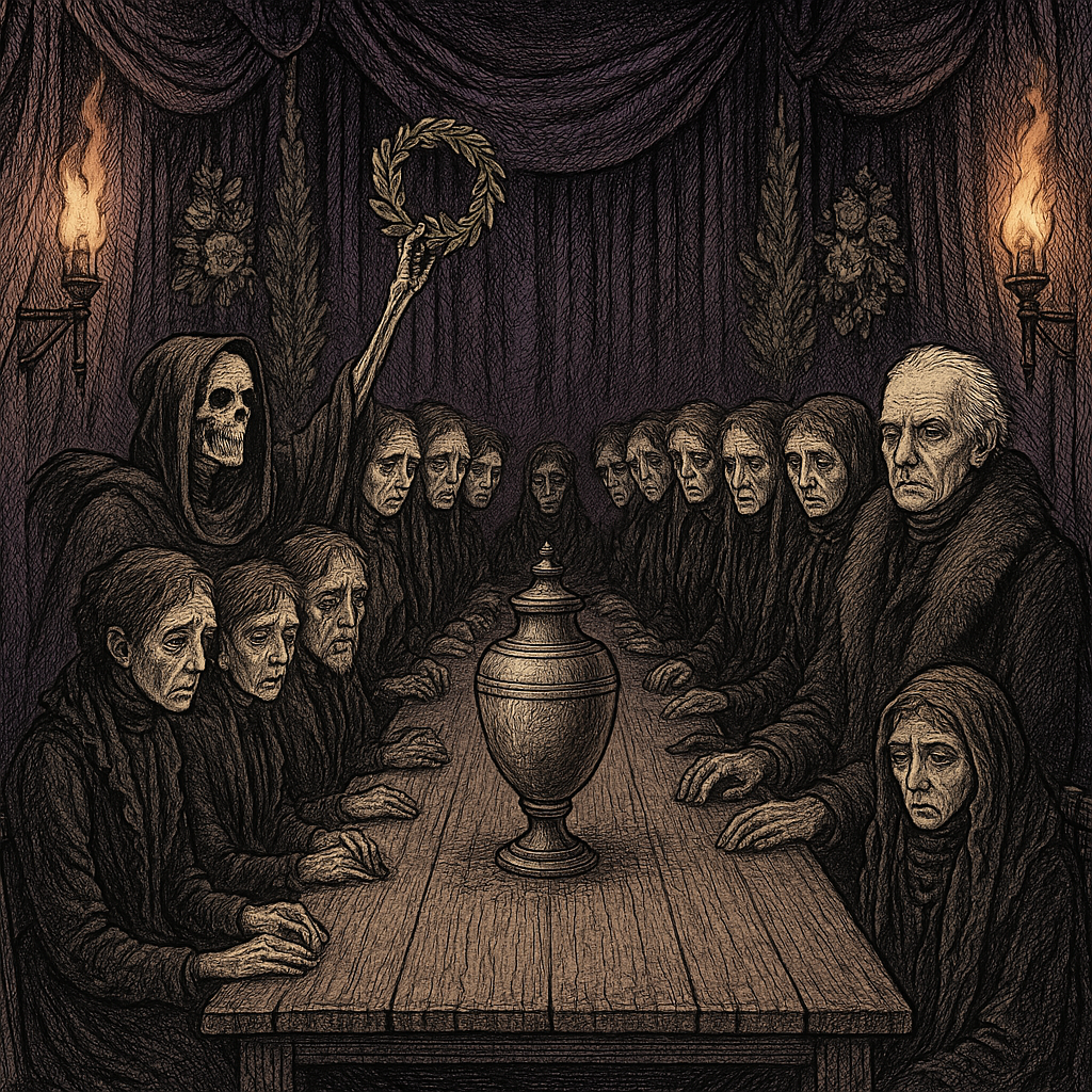 A grim Christmas banquet hall with a skeleton at the head of the table and mournful guests, from The Christmas Banquet