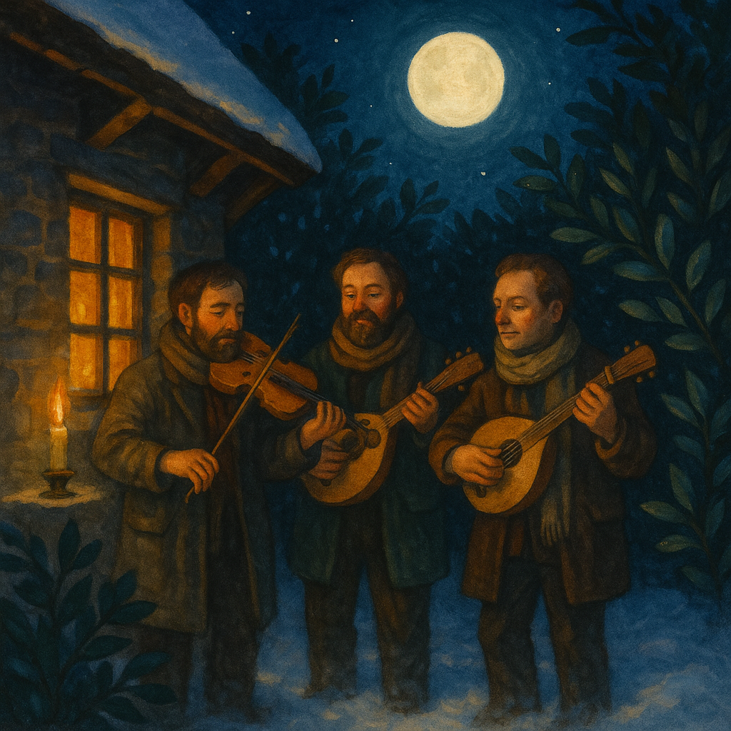 Minstrels playing beneath a moonlit cottage on a winter night, illustrating The Christmas Carol by Wordsworth.