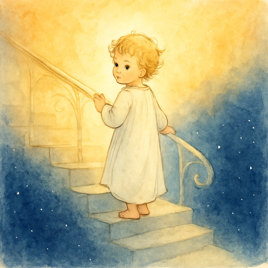 A small golden-haired child descends a glowing heavenly staircase in the poem The Christmas Child by George MacDonald.