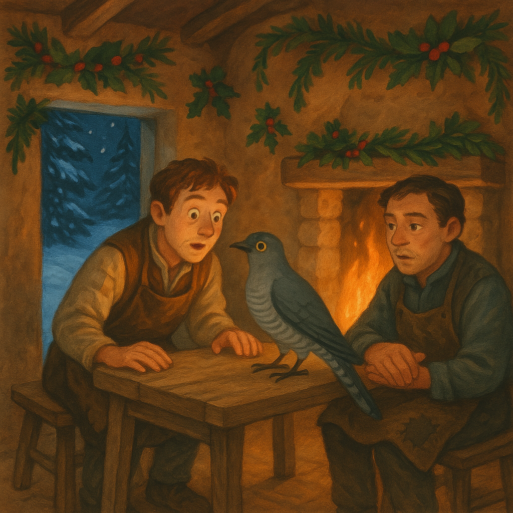 A gray cuckoo perches on a table between two surprised cobbler brothers by the fire, in The Christmas Cuckoo.