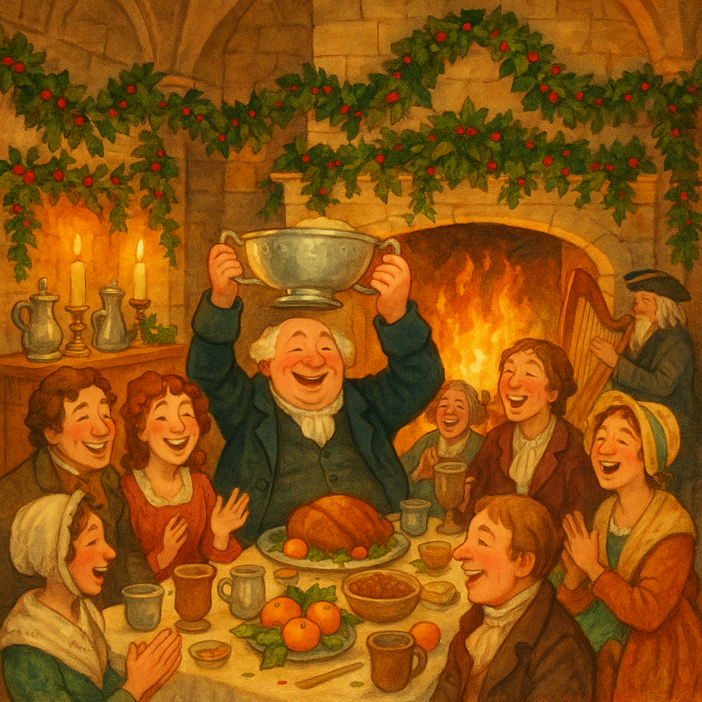 The squire raises the Wassail Bowl at the Christmas feast in Washington Irving's "The Christmas Dinner"
