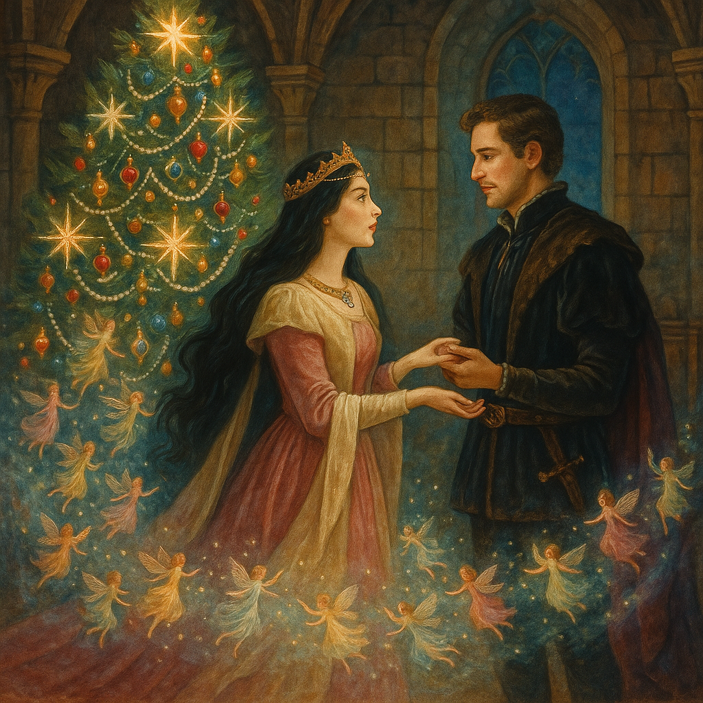 The Fairy Queen Ernestine presents Count Otto with a glowing Christmas tree in The Christmas Fairy Of Strasburg.