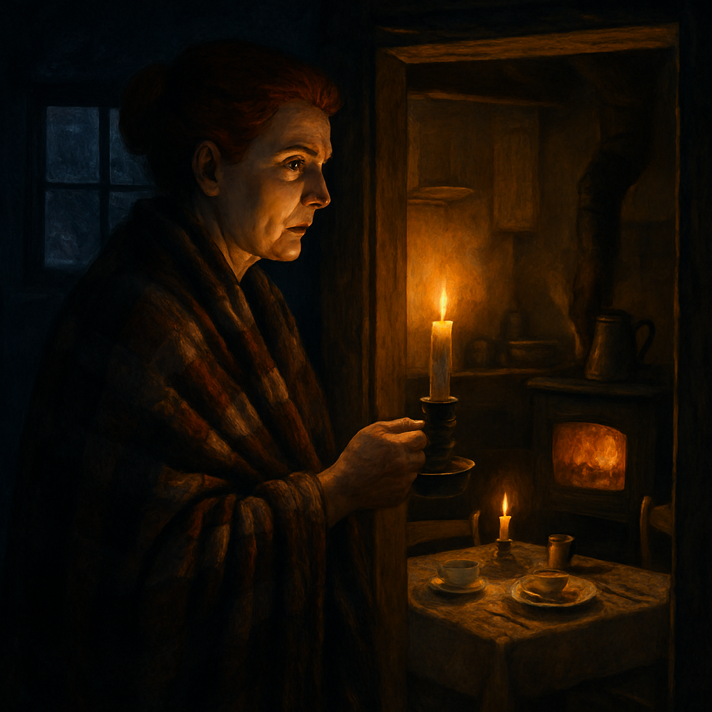 A woman with a candle peers cautiously into a warm, fire-lit kitchen in The Christmas Ghost.