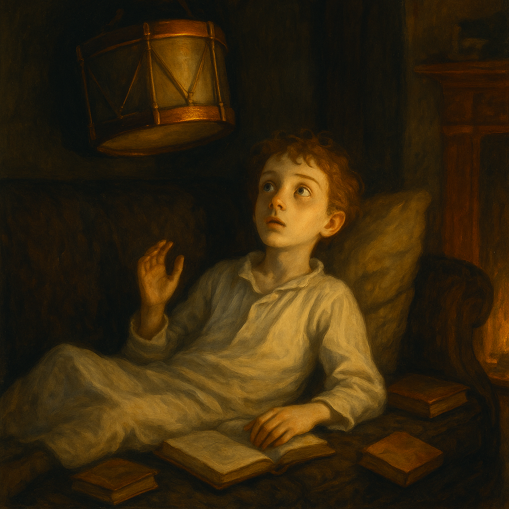 A frail boy lies on a sofa listening to a glowing drum on the wall, in The Christmas Gift That Came To Rupert.