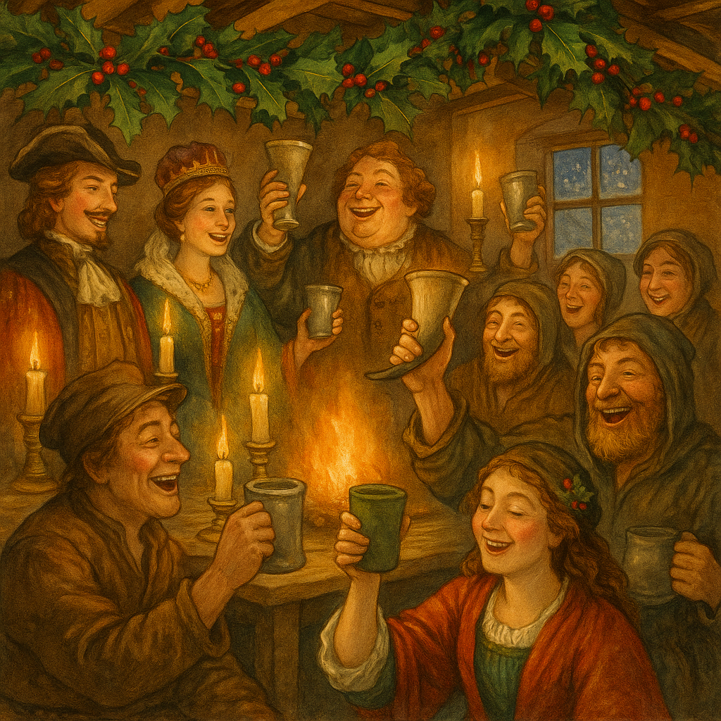Victorian revellers gathered beneath Christmas holly branches in a candlelit hall, illustrating Eliza Cook's poem The Christmas Holly.