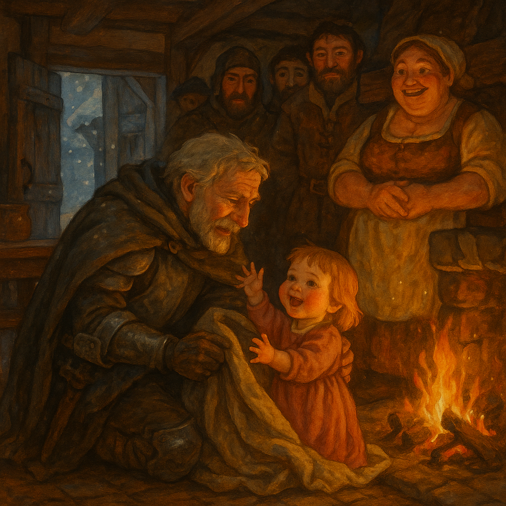 A knight unwraps a laughing toddler girl by the fire at a snowy medieval inn — The Christmas Inn
