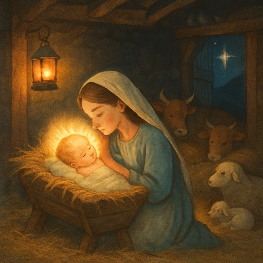 A mother kneels beside her glowing newborn in a candlelit stable, in The Christmas Silence by Margaret Deland.