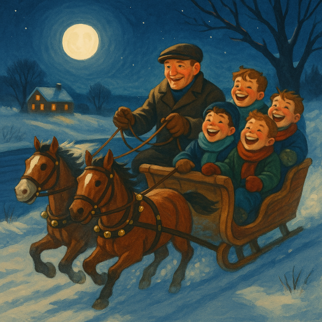 A moonlit Christmas Eve sleigh-ride along the river road, illustrating The Christmas Sleigh-Ride poem.
