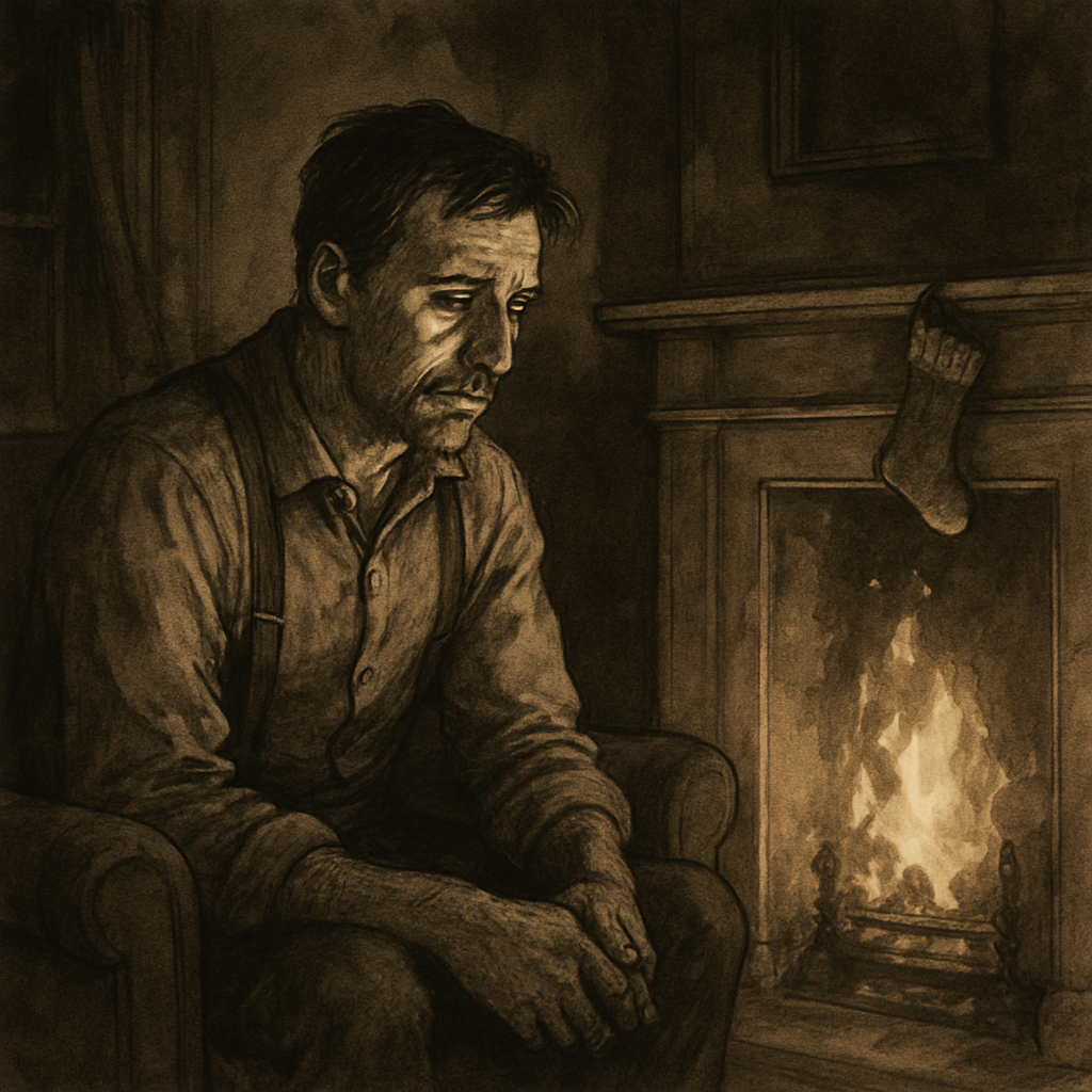 A lone man gazes into a fireplace with a Christmas stocking on the mantel, illustrating The Christmas Stocking poem.