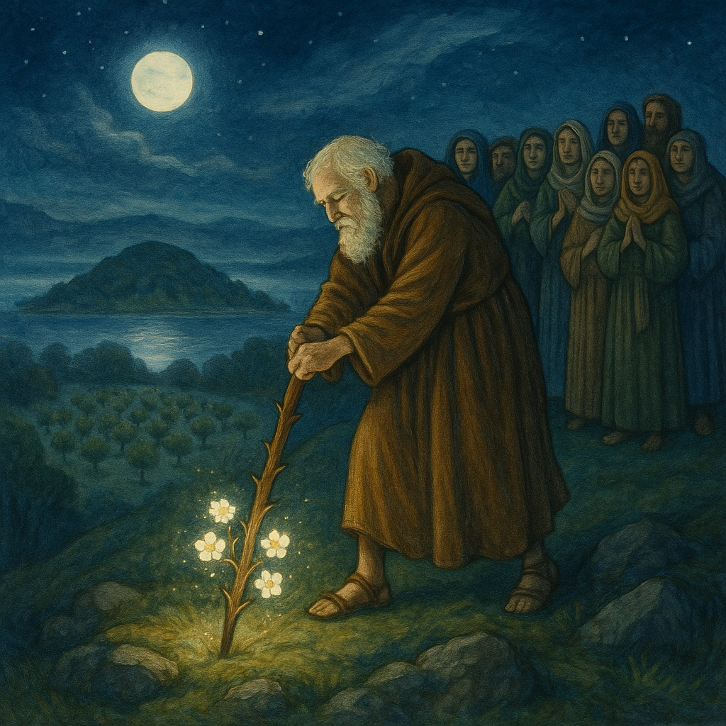 Joseph of Arimathea plants his thorn-staff on the hill of Weary-All in The Christmas Thorn of Glastonbury.