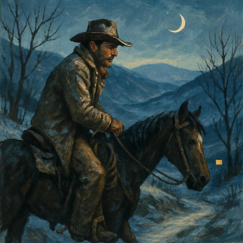 A lone cowboy rides a dark horse through winter mountains toward a glowing ranch window in The Christmas Trail.