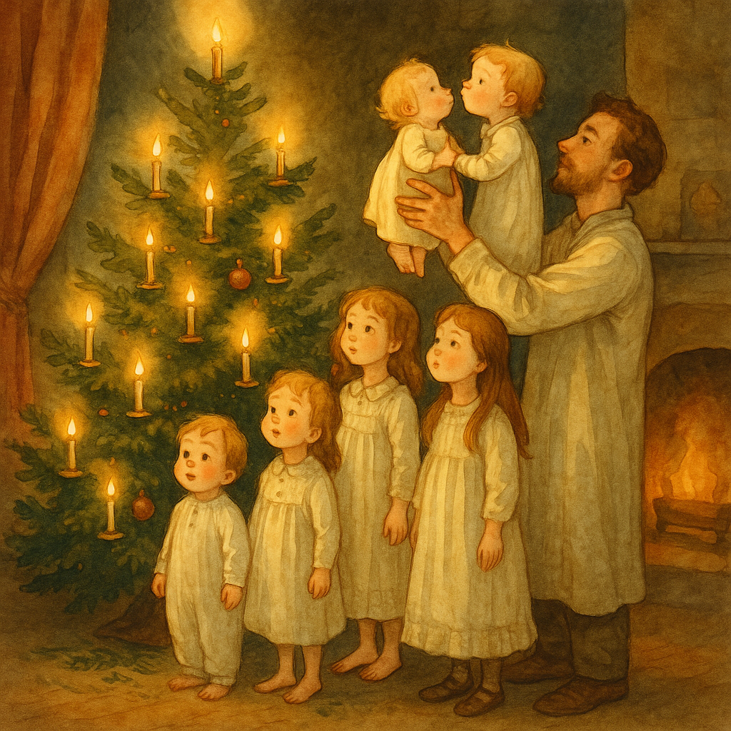 A father lifts baby Grace to blow out the top candle on the Christmas tree, siblings watching — The Christmas-Tree Lights.