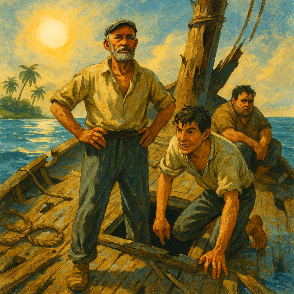 Three stranded sailors on a wrecked ship deck in the Pacific, from The Christmas Wreck by Frank Stockton.