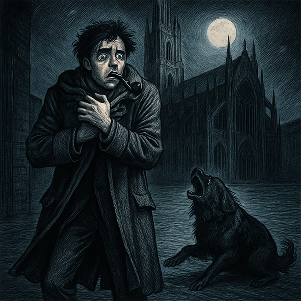 A terrified young student grasps invisible arms around his neck in a moonlit square, in The Cold Embrace.