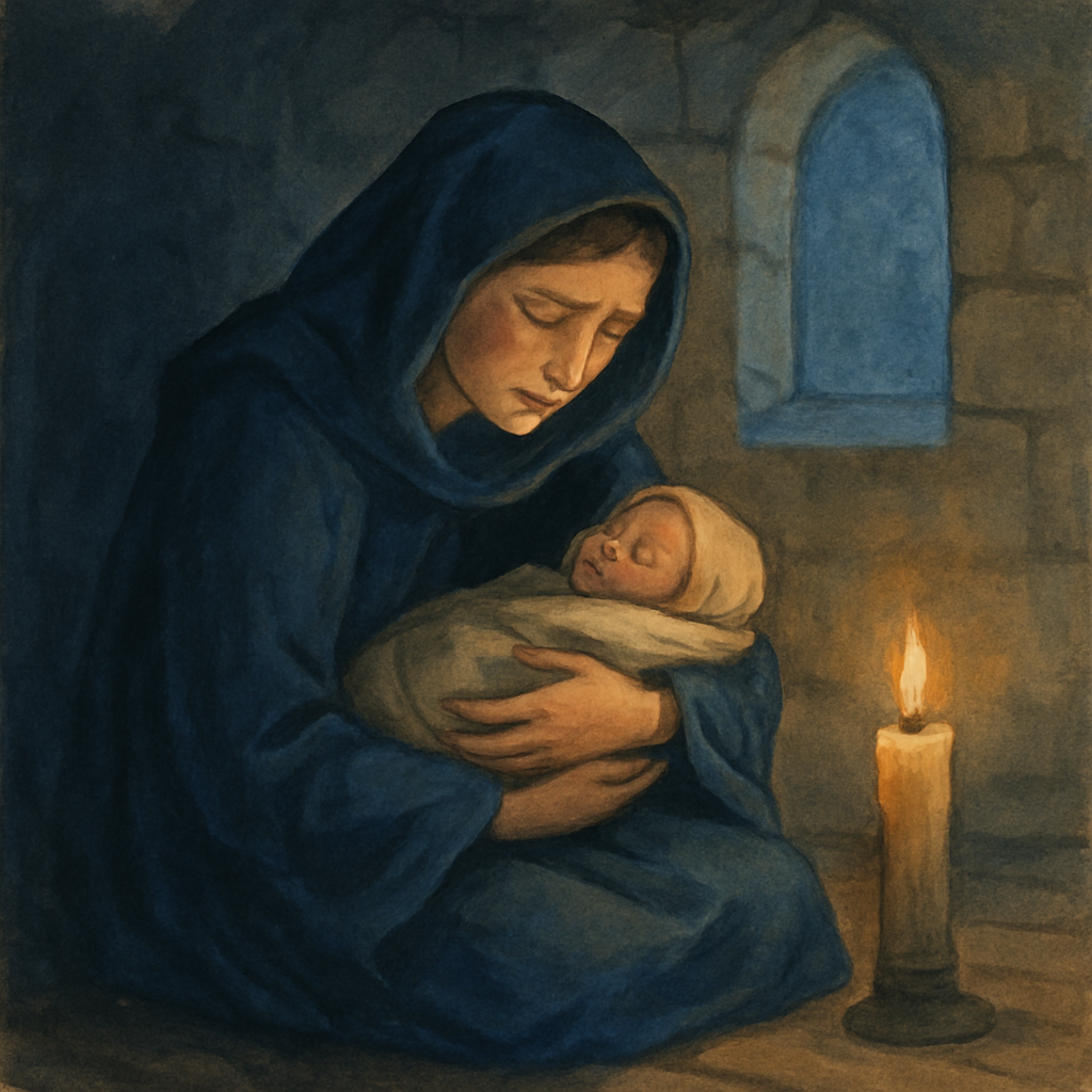 A grieving mother cradles her infant by candlelight in a stone room, illustrating The Coventry Carol.