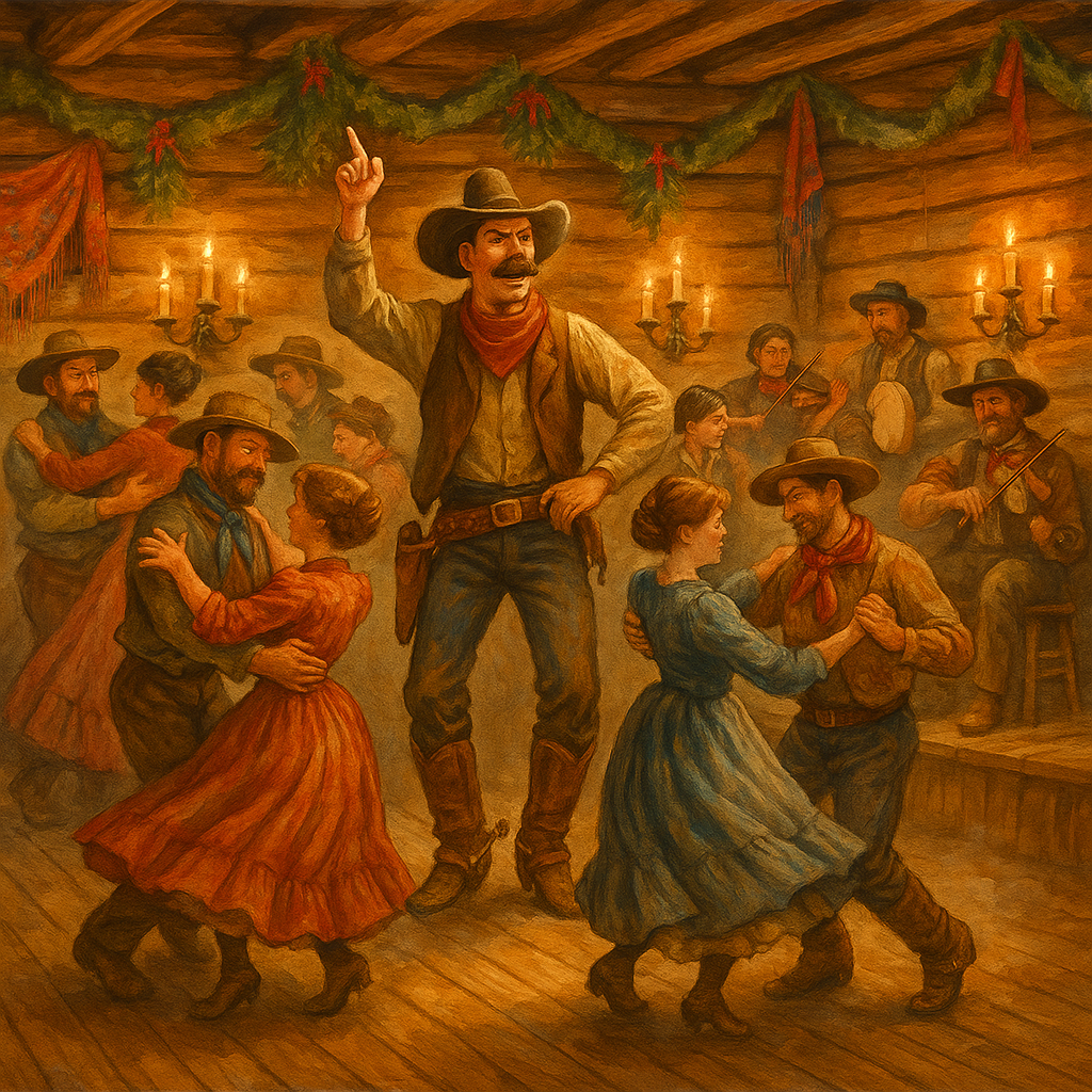 A boisterous frontier Christmas dance with cowboys and ladies twirling, from The Cowboys' Christmas Ball