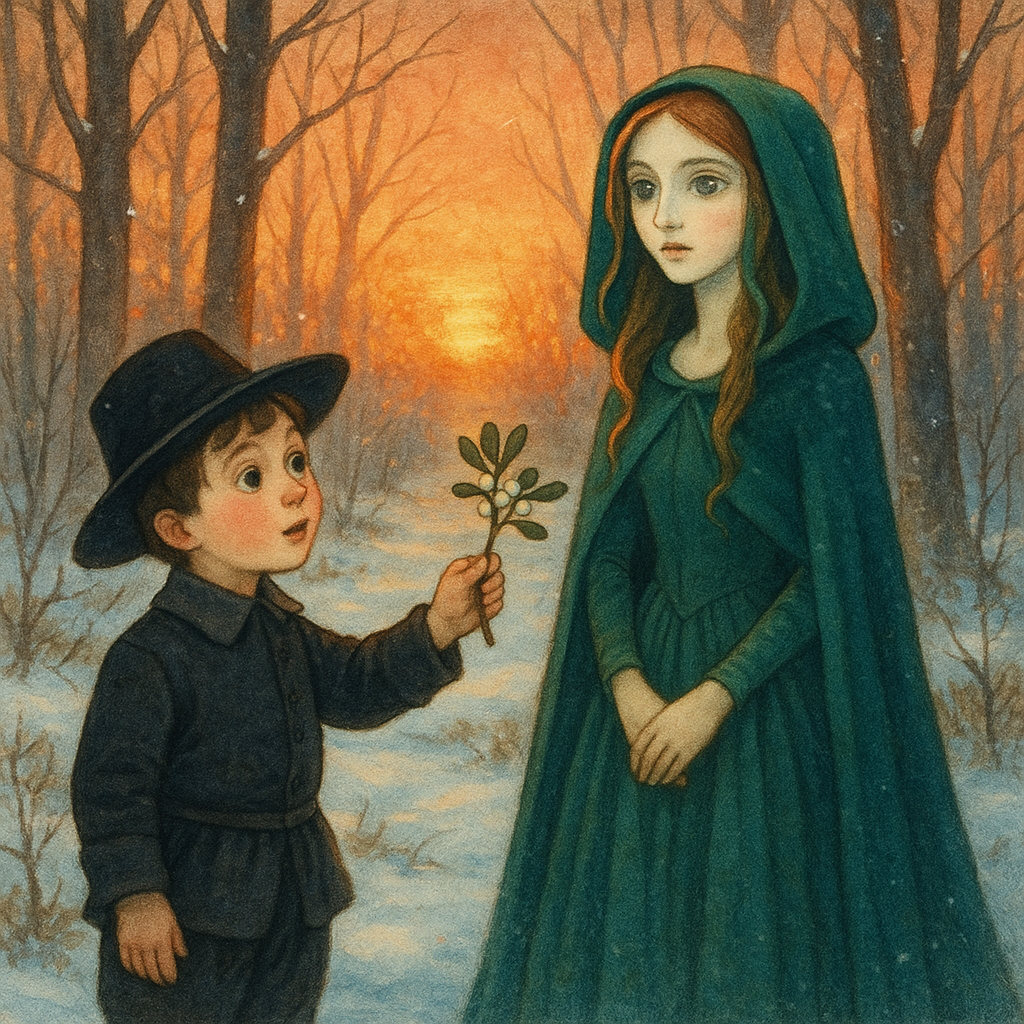 A Puritan boy offers a sprig of mistletoe to a glowing mysterious maiden in a snowy wood — The Elfin Bough