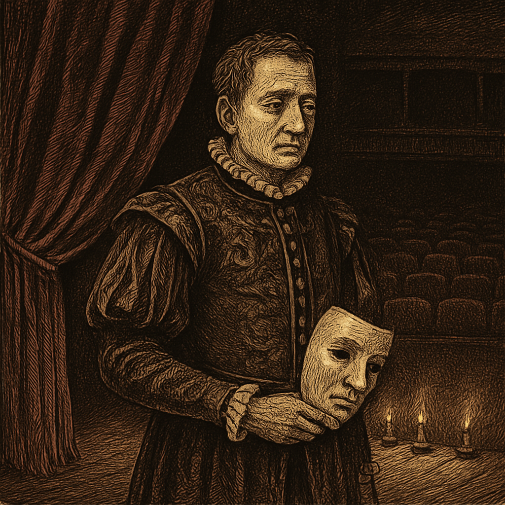 A Victorian actor removes his mask on a candlelit stage, evoking the reflective mood of "The End of the Play."