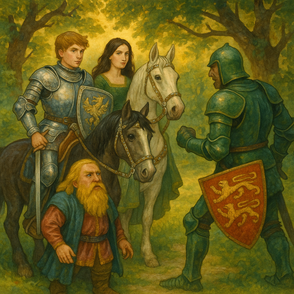 Le Beau Disconus faces Sir William Selebranche in the forest valley in The Fair Unknown