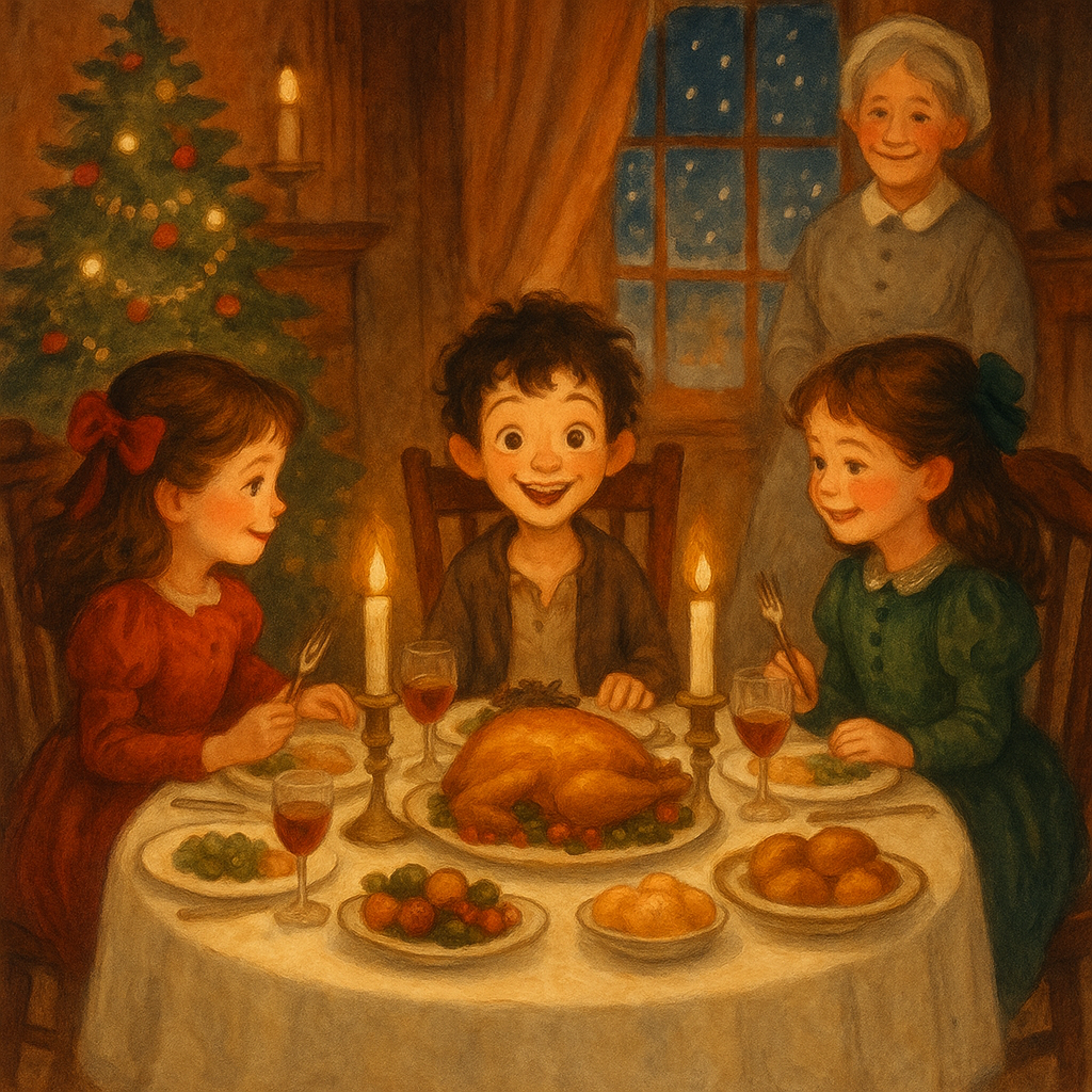 Toddy, Tita, and barefoot Guido share a Christmas dinner together in a warm Victorian dining room, in The Fairy Christmas.