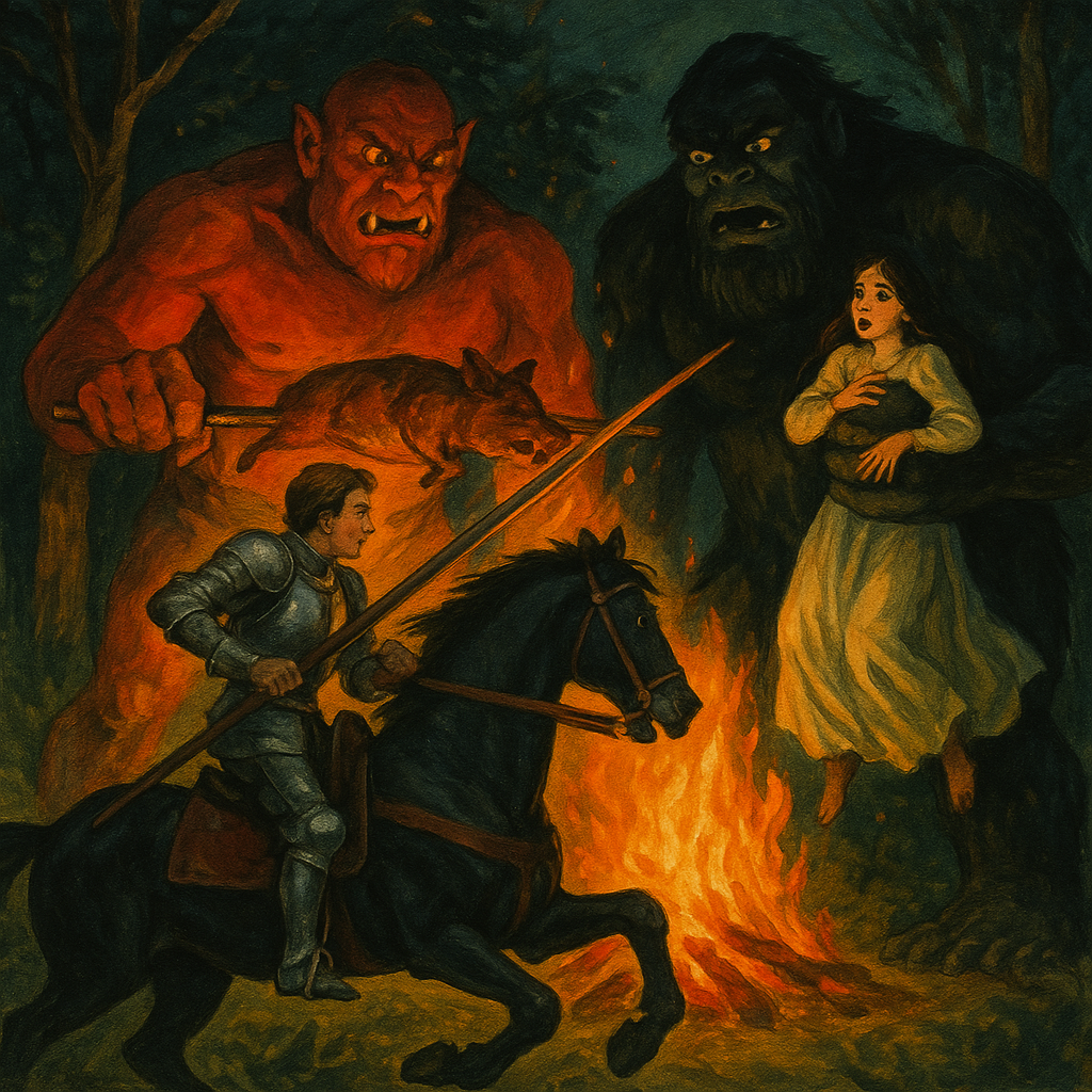 Le Beau Disconus charges two giants on horseback by firelight, in The Fight With The Two Giants.