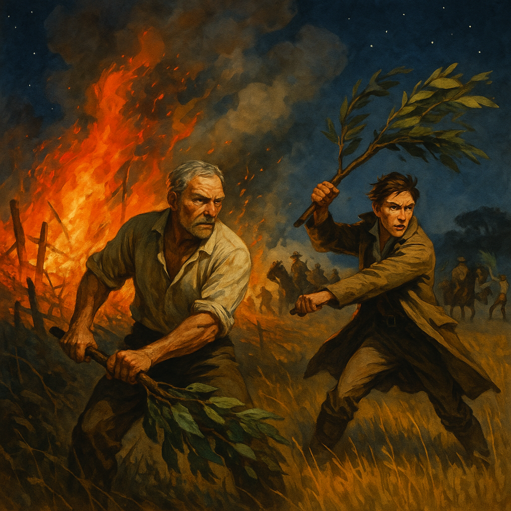 Young Robert Black and old Ross fight a Christmas bushfire in Henry Lawson's The Fire at Ross's Farm.