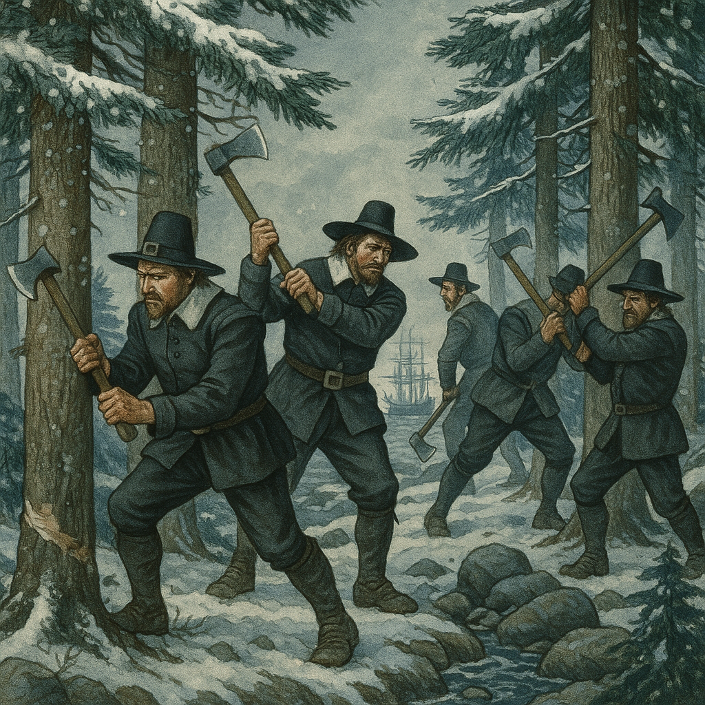 Pilgrim men chopping evergreen trees on a snowy New England coast in "The First Christmas in New England"