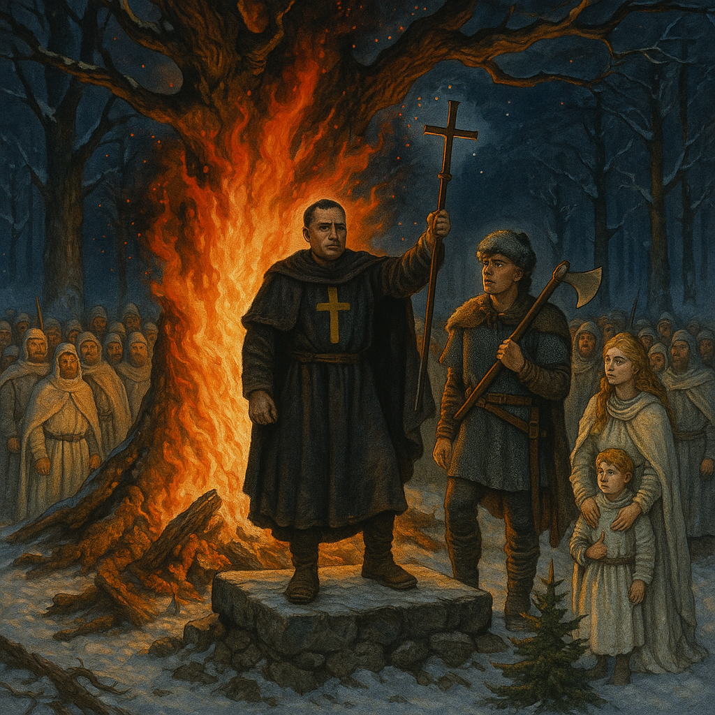 Winfried raises his staff before the thunder-oak as a crowd looks on in awe, in The First Christmas Tree.