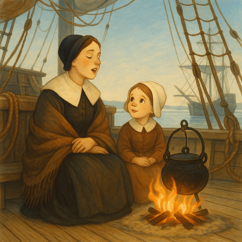 A Pilgrim woman sings a Christmas carol to a young girl on the deck of the Mayflower in The First New England Christmas.