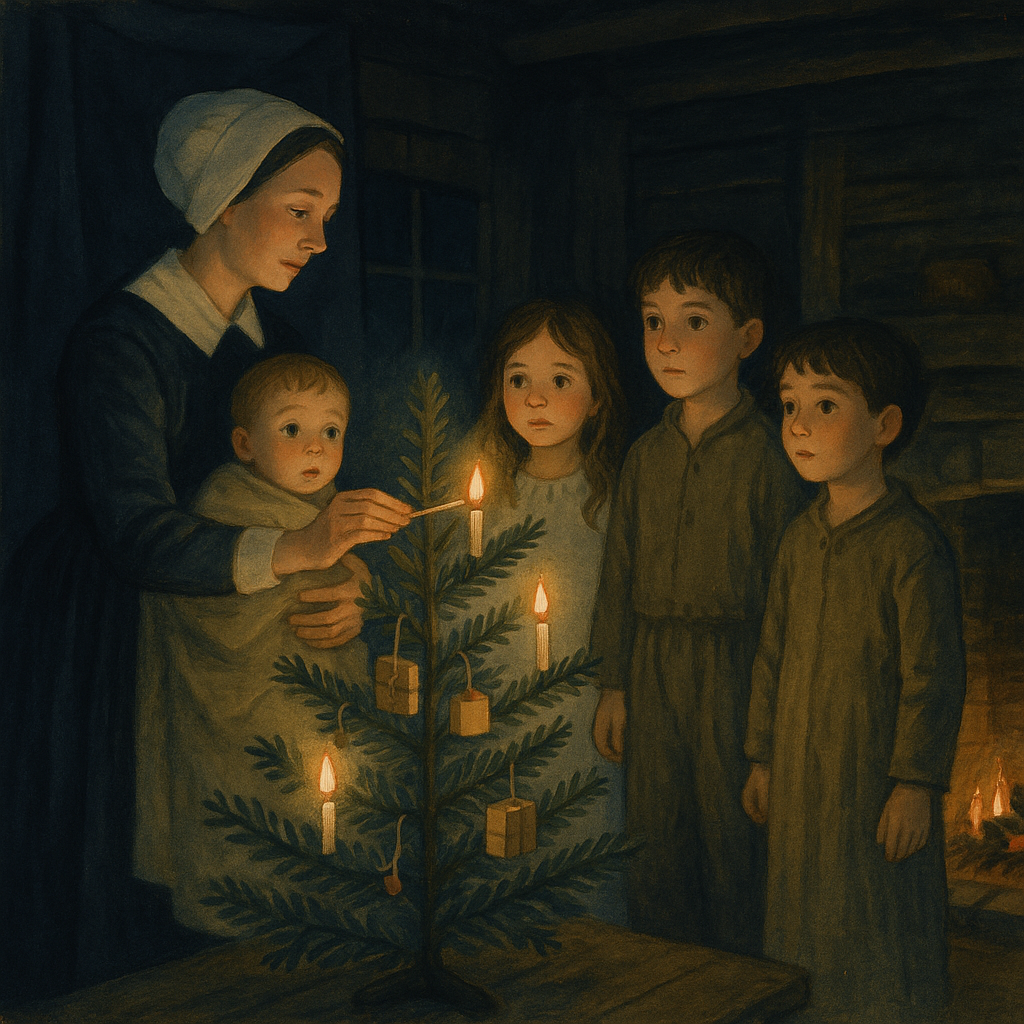 A Puritan mother lights candles on a Christmas tree for her children in "The First Puritan Christmas Tree"