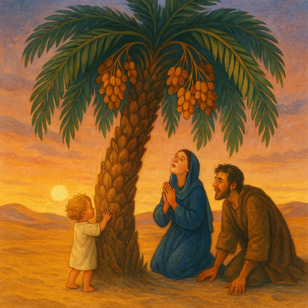 A tiny child touches an ancient bending palm tree as his parents kneel in the desert — scene from The Flight Into Egypt.