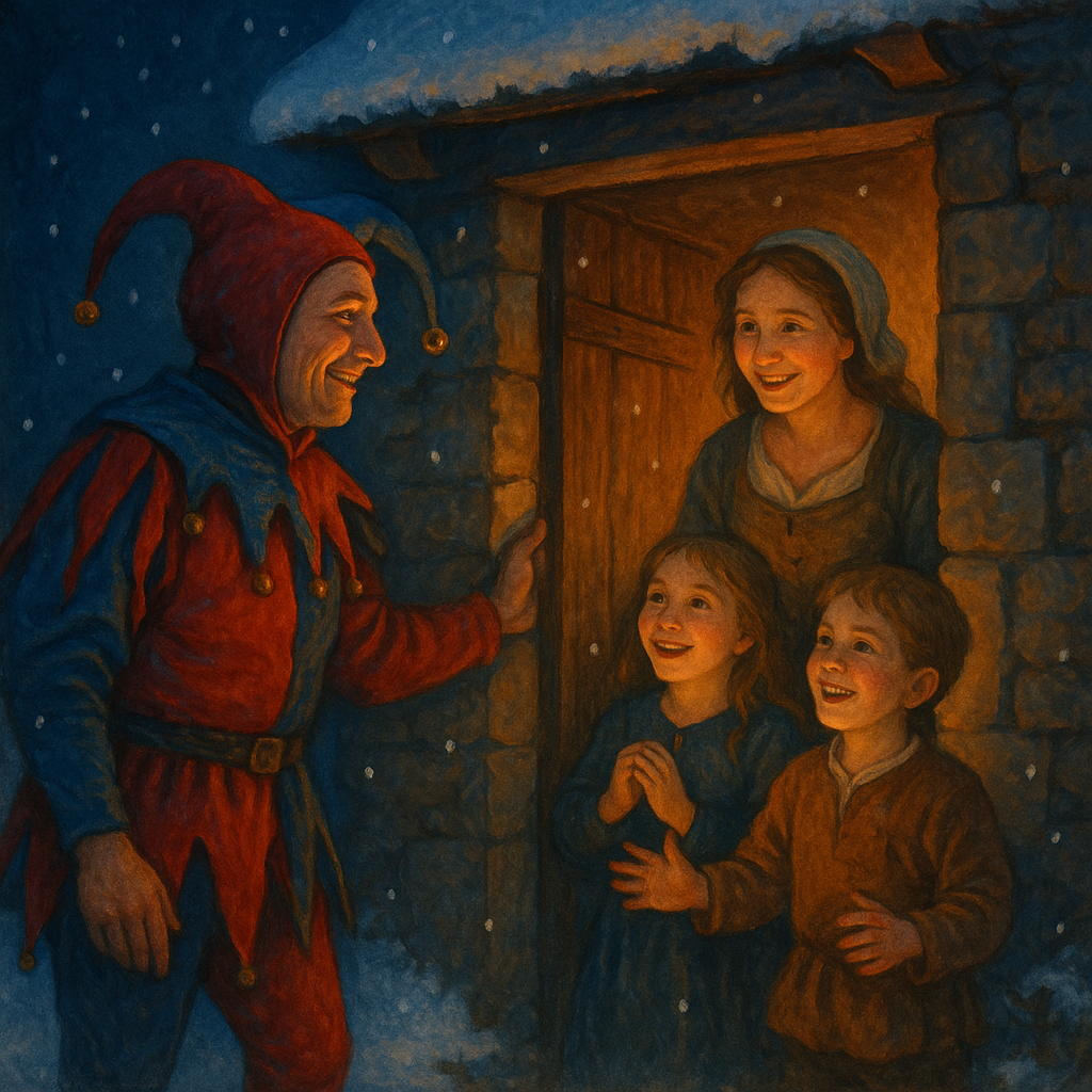 A king disguised as a fool welcomed at a cottage door in The Fool's Christmas