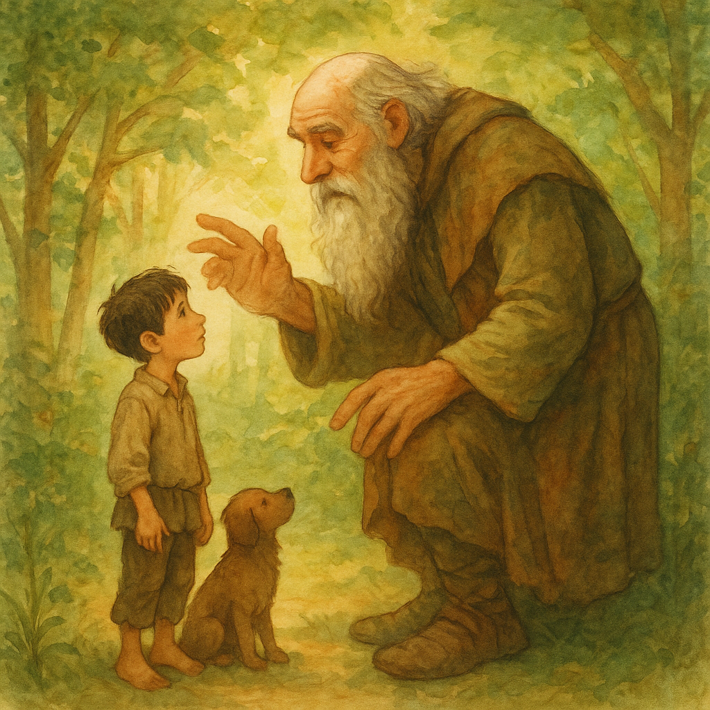 A young boy and a kindly giant share secrets of the forest in The Giant's Pupil.