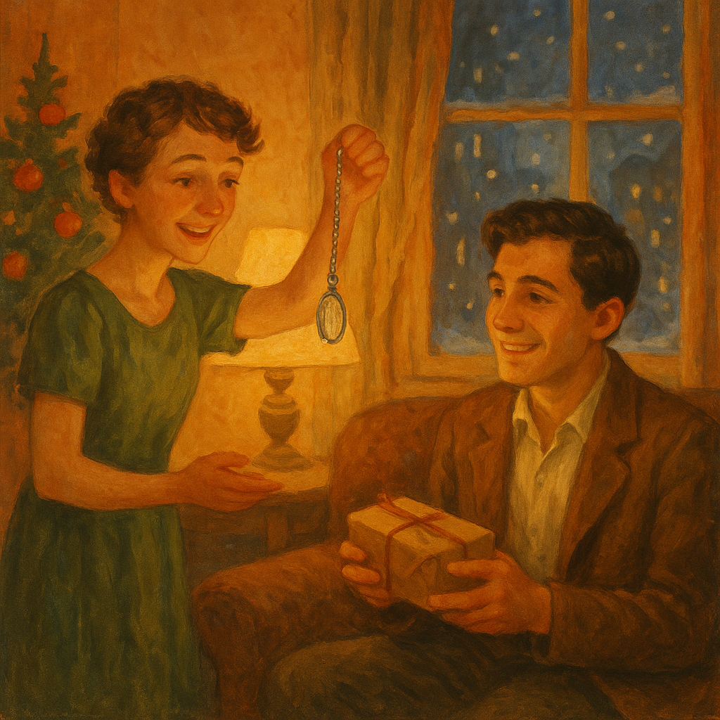 Della holds out a silver watch chain for Jim in their cozy apartment in The Gift of the Magi.