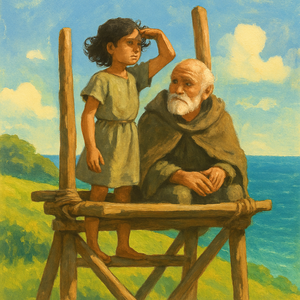 Young Melitta watches the sea from the wooden watchtower beside elder Olpis, in The Girl Who Watched the Sea.
