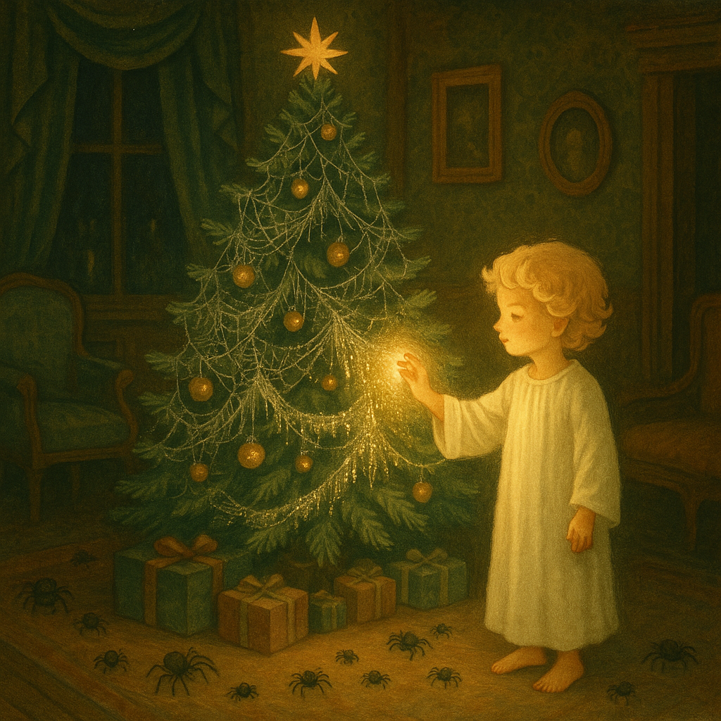 The Christ-child touches cobwebs on a Christmas tree, turning them to gold, in The Golden Cobwebs