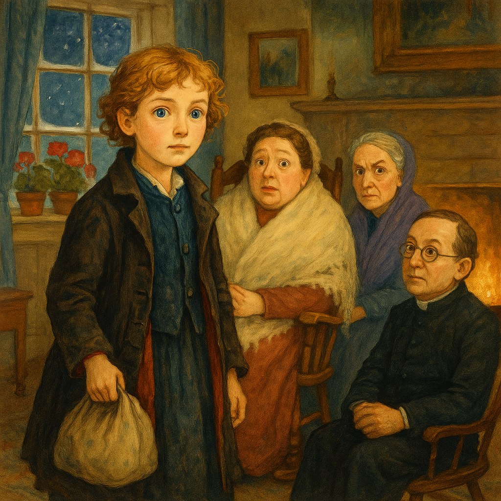 Young Joan stands calmly before Mrs. Bannister in a warm New England parlour, in The Gospel According To Joan.